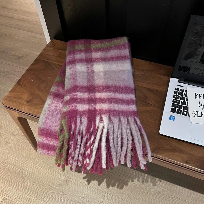 Rainbow Plaid Autumn and Winter Imitation Cashmere Thick Beard Scarf for Female Students Couple Mohair Warm Scarf Thick Shawl