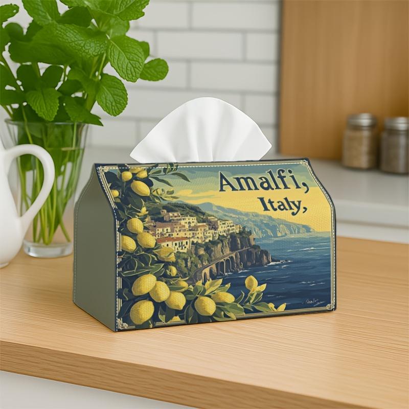 1pc Mediterranean Vintage Tissue Box Holder - Amalfi Coast Lemon Beach Design, Ideal for Living Room, Dining Room, Bedroom, Bathroom, Bar, Or Office D