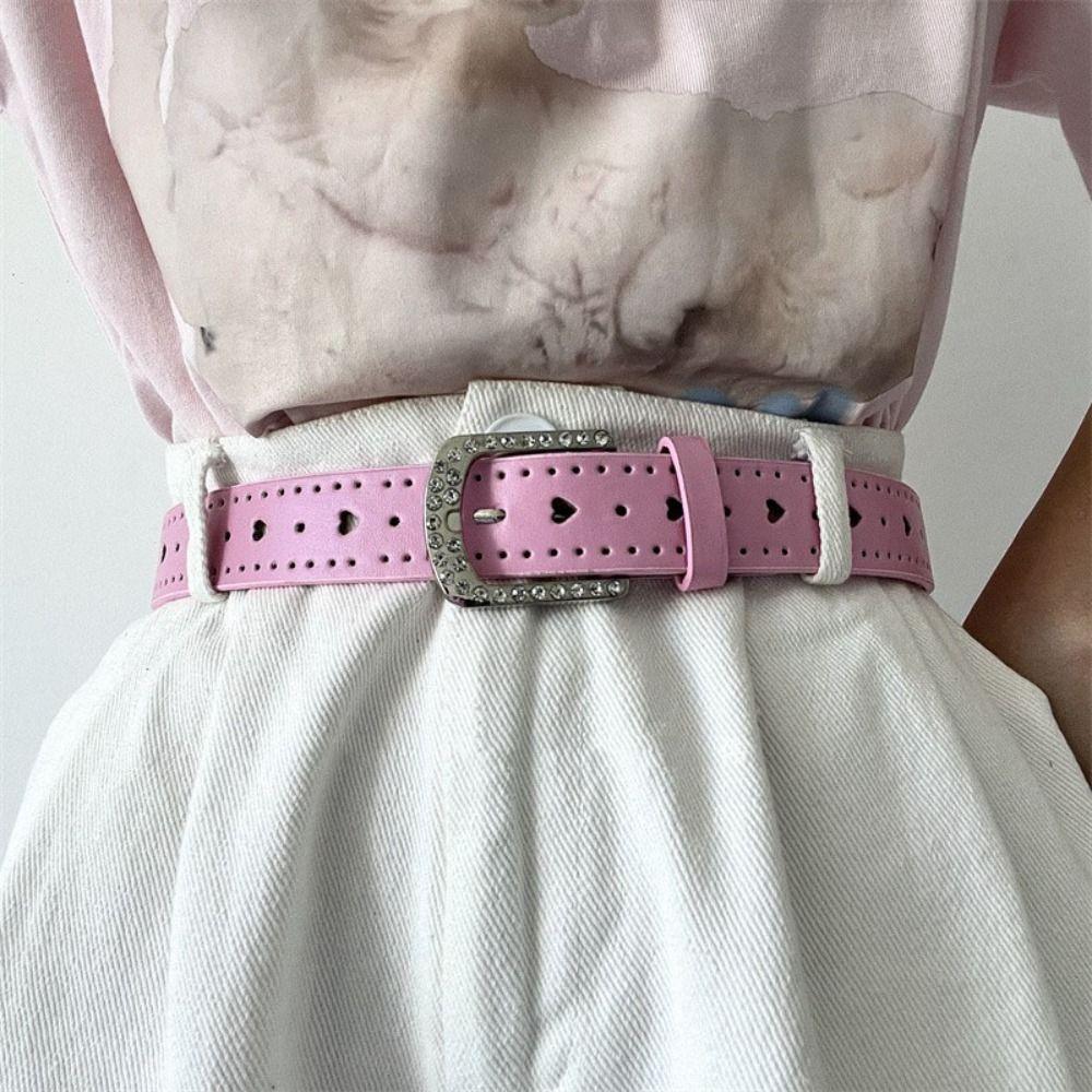 Jeans Decor Y2K Wide Belt Love Heart PU Leather Waistbands Lovely Rhinestone Waist Belt Daily