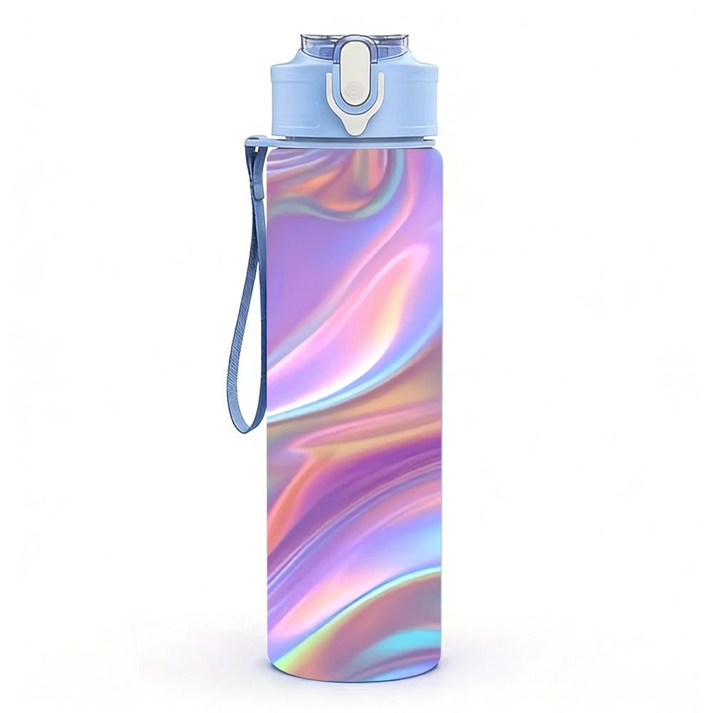 1PC Holographic Iridescent Swirl Print 750ml Color Plastic Sports Water Bottle Leakproof Flip Straw Lid Suitable for Sports Office Home Use