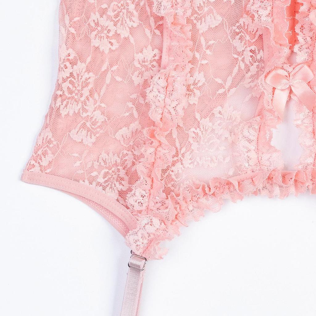 Aduloty Новое сексуальное нижнее белье, розовое кружевное плиссированное кружевное полое свежее и милое маленькое прозрачное платье на подтяжках