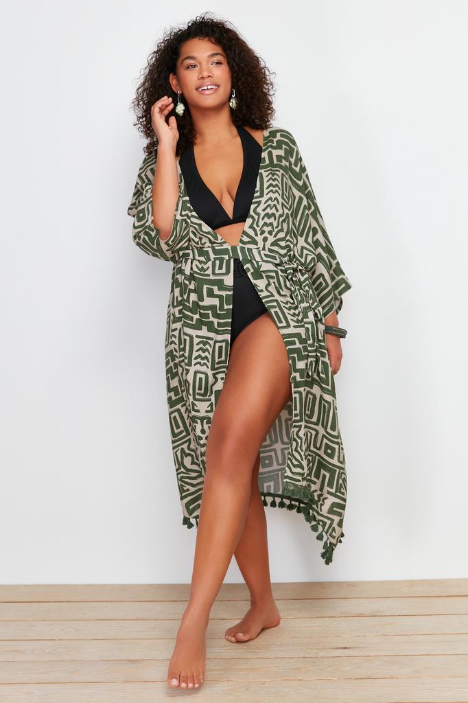 Women's Style Plus Size Beige Kimono & Kaftan with Tassel Hem