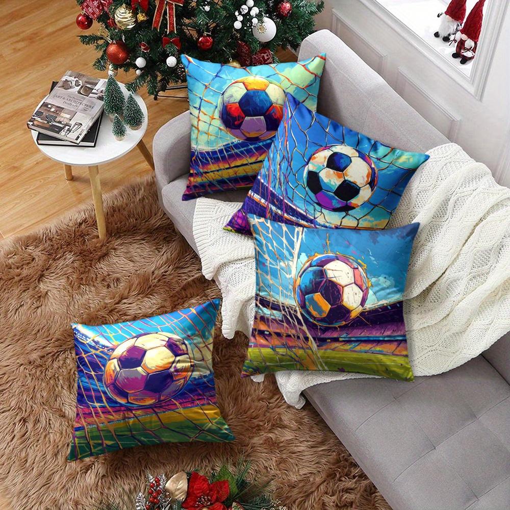 4Pcs Oil Painting Soccer Goal Throw Pillow Covers, Vibrant Football In Net Print Cushion Cases, Energetic Stadium Home Decor