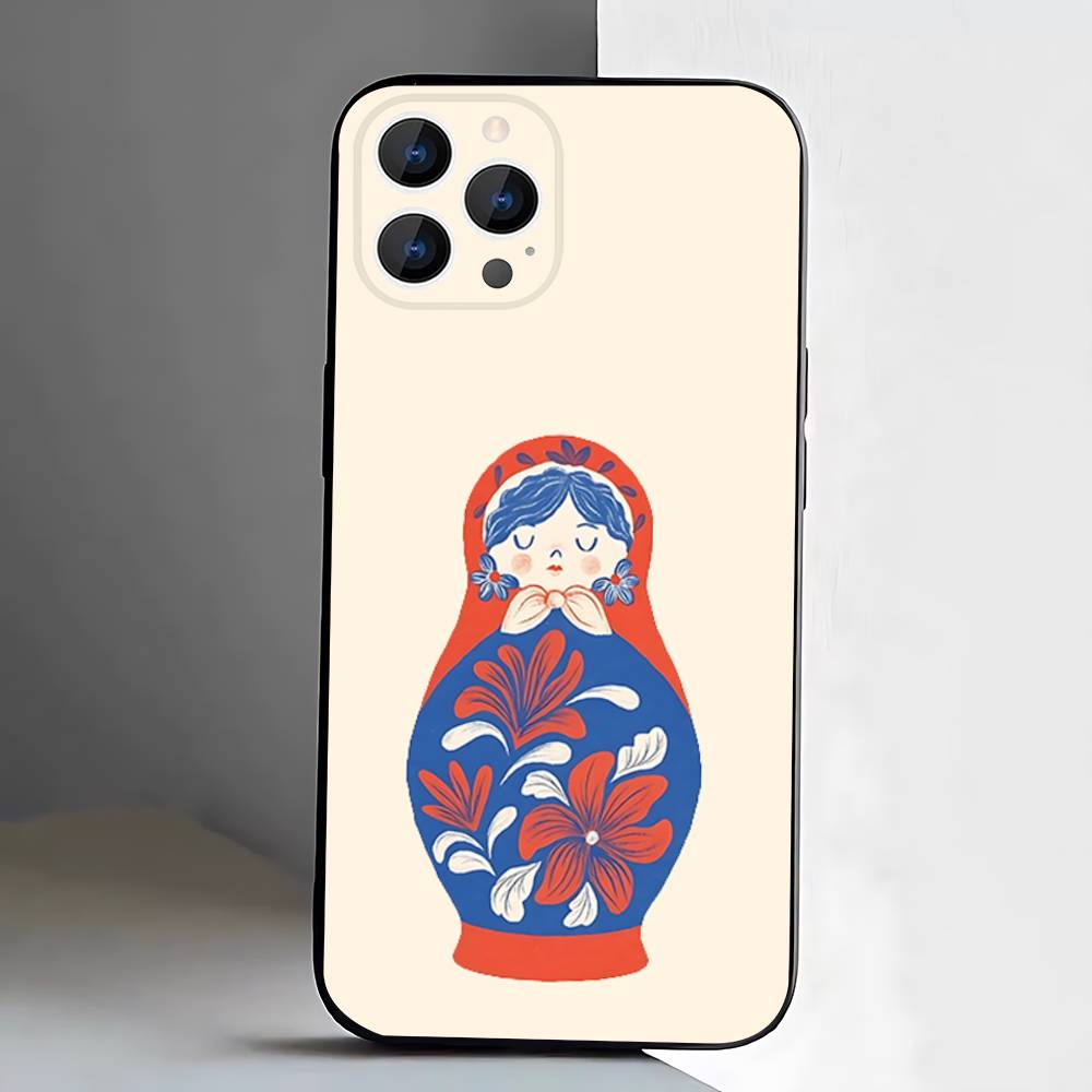 Матрешка Чехол для телефона iPhone 17,16,15,14,13,12,11,Pro,XS,Max,XR,Plus,E,SE4,Mini Черный Мягкий Чехол