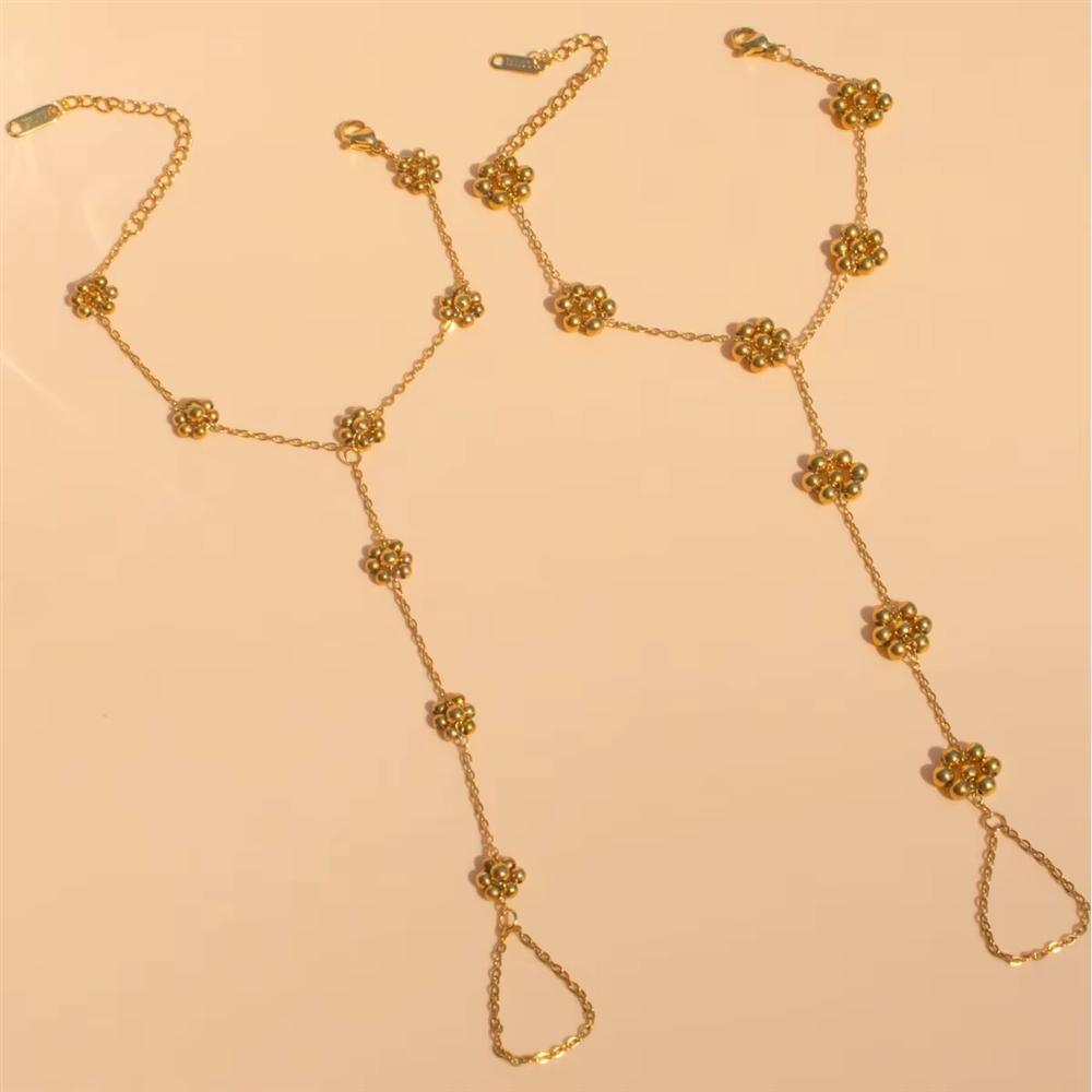 Ready to Ship 18K Gold Plated Stainless Steel Hand Harness Bracelet for Women Flower Finger Ring Bracelet Slave Chain Jewelry