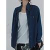 Retro Dark Blue Velvet Denim Shirt Jacket for Women Winter Mid-length Loose Layered Inner Shirt Spring and Autumn