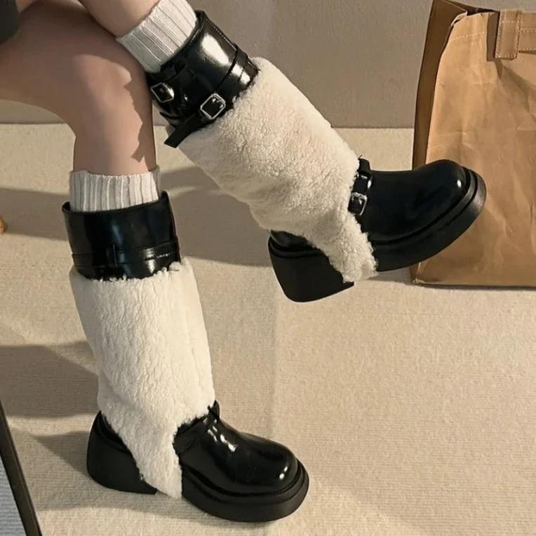 Сапоги на меховой платформе, женские, дизайнерские, новые, на среднем каблуке, женская обувь, тренд 2024 года, зимние сапоги, модные зимние сапоги «Челси», женская обувь
