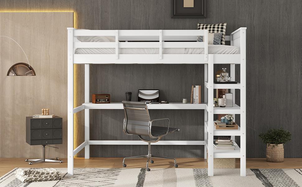 Loft Bed, 140 x 200, Children's Loft Bed with Storage Compartments and Under-Bed Desk, Without Mattress, White