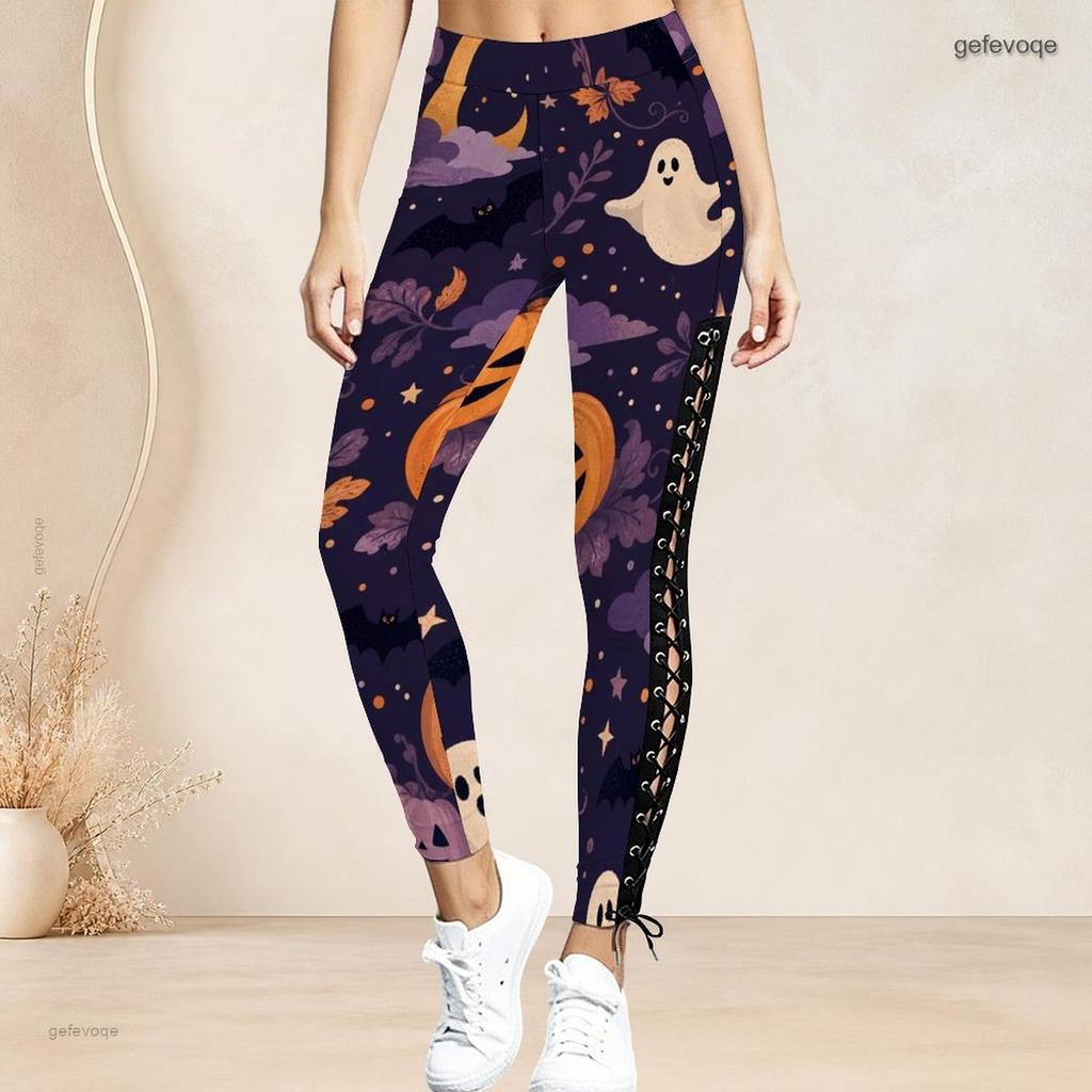Women Plus Size Dark Purple Halloween Printed High Waist Side Eyelet Lace Up Full Length Leggings