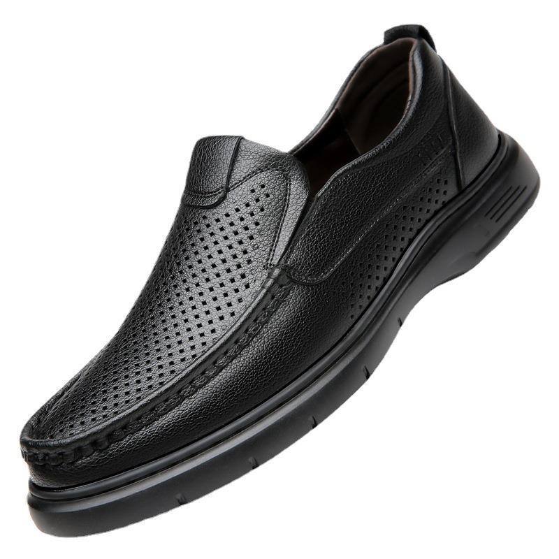 Летние полые кожаные туфли мужские дышащие деловые повседневные кожаные сандалии на одной педали с мягкой подошвой для мужчин среднего возраста, папины туфли