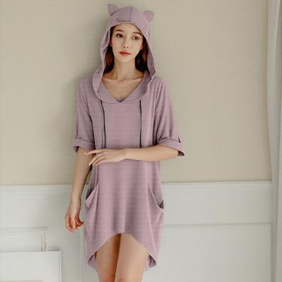 Женский длинный пуловер худи с неровным подолом 45720 Толстовки с рукавами Капюшон с кошачьими ушками