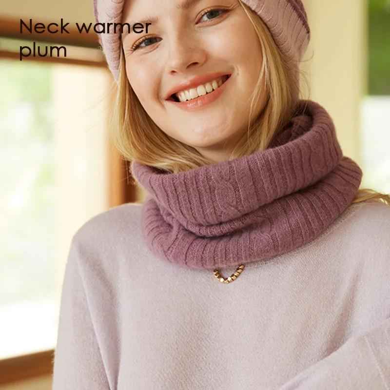 Women 100% Cashmere Tube Scarf Cable Knit Neck Warmer Ring Double Faced Thick Cap Reversible Knitted Beanies Winter 2-Pcs Set