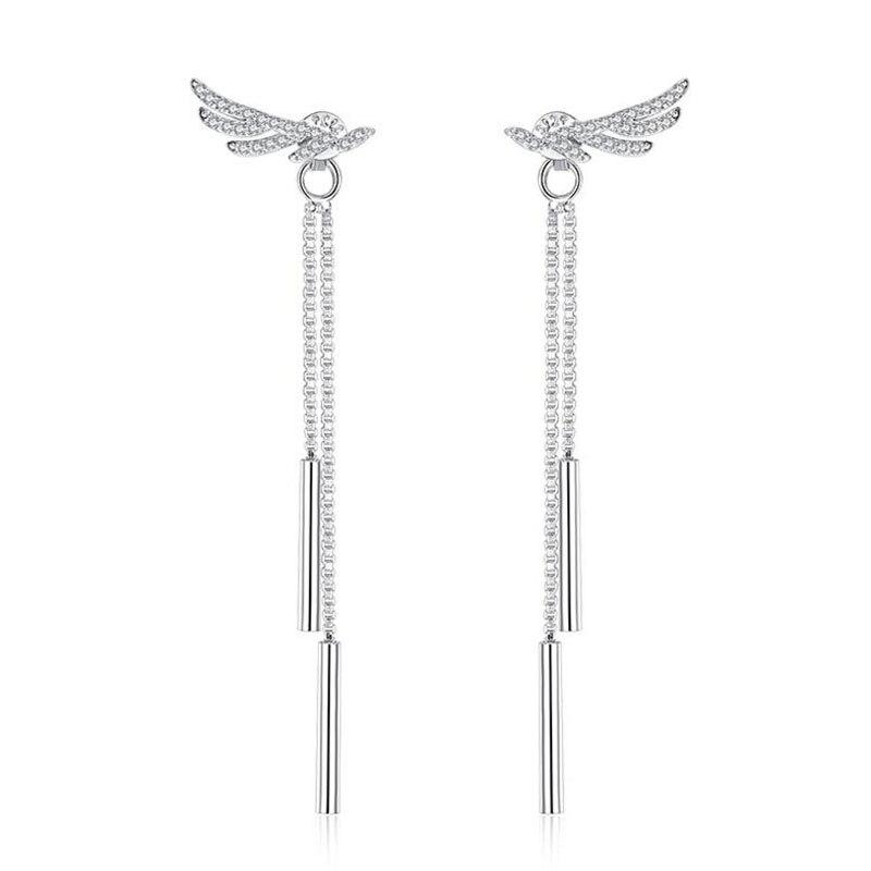 Элегантные серьги-кисточки из стерлингового серебра 925 пробы с длинными перьями в виде крыльев ангела и кристаллами циркония для женщин S-E223