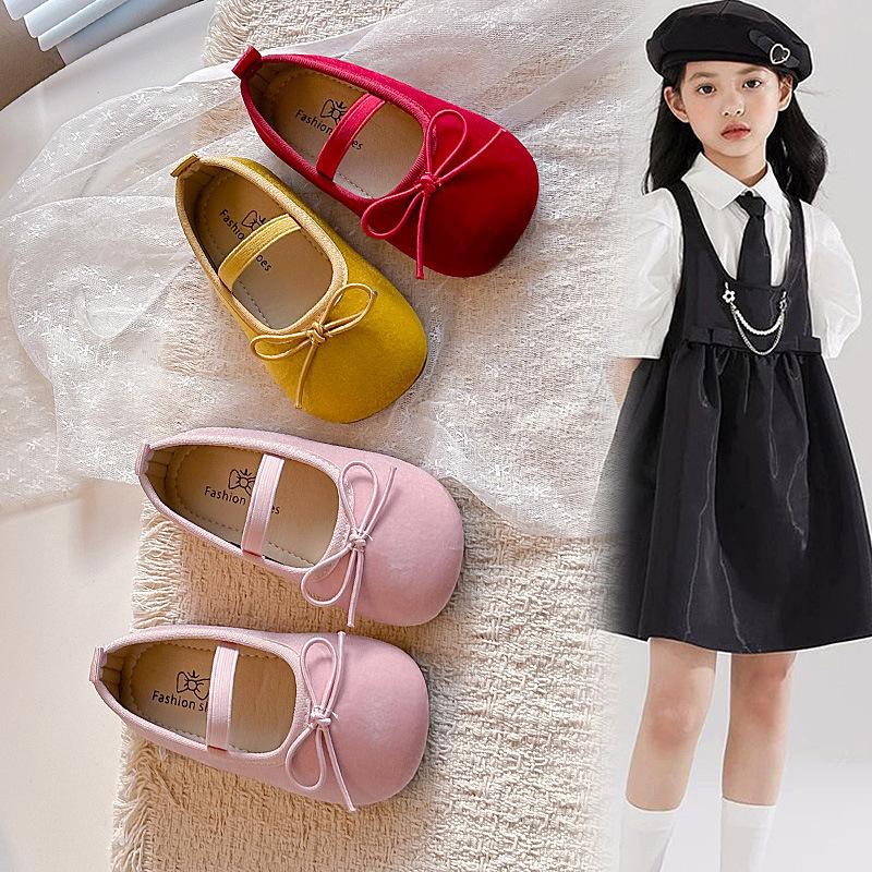 Girls' Solid Color Flats2026Spring and summer cute bow princess leather shoes for small, medium, and large children