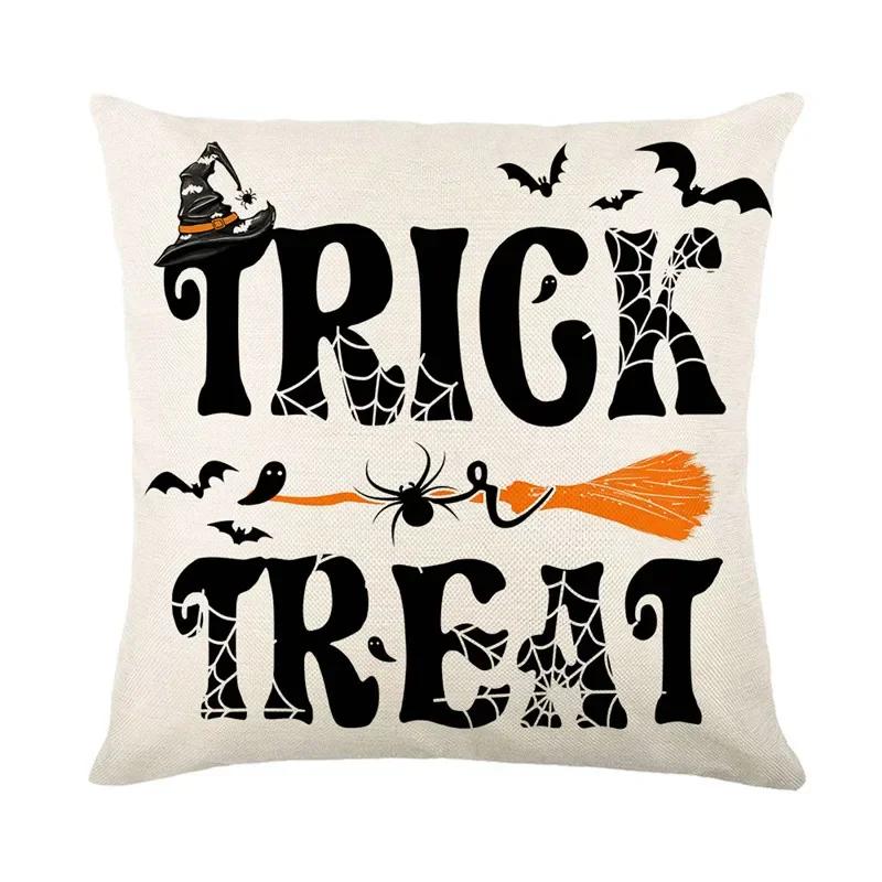 40/45/50cm Halloween Party Decorations Linen Pillowcase for Sofa Black Witch Ghost Print Throw Pillow Cover Home Decor
