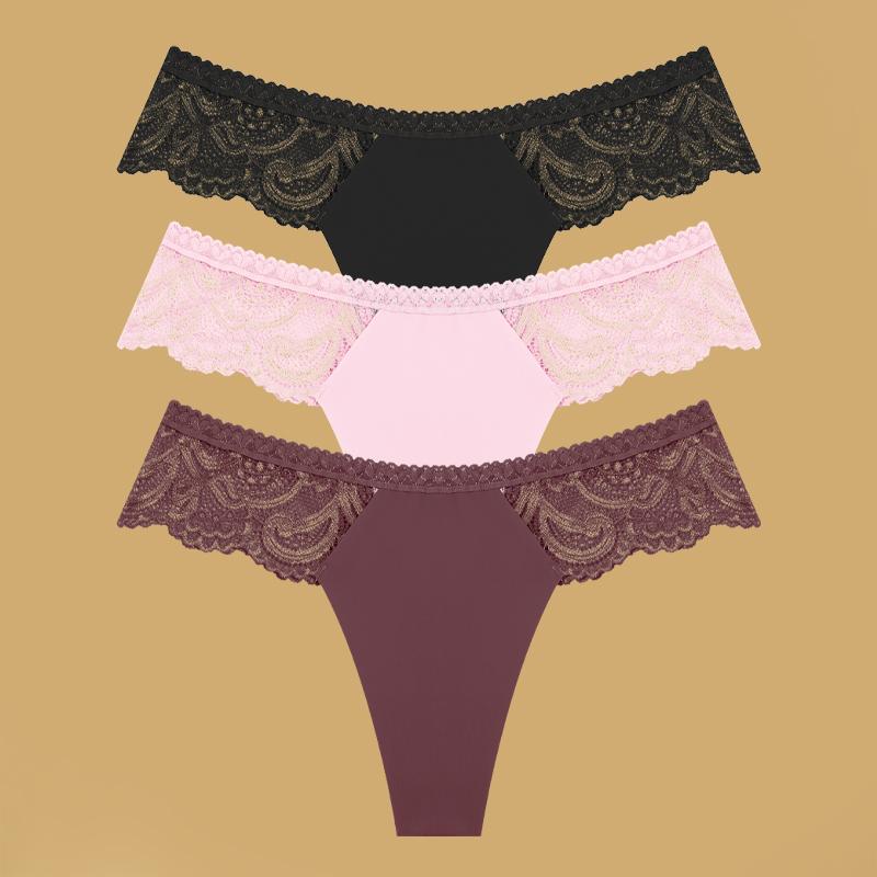3Pcs Seamless Stretch Thongs Women Comfort Patchwork Lace Panties Female Low-Waist G-string High Quality Floral Soft Lingerie
