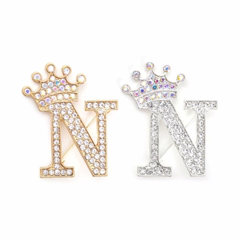 Fashion Crown 26 Initial Letters A To Z Rhinestone Brooches For Women Coat Dress Lapel Collar Pin Jewelry Accessries