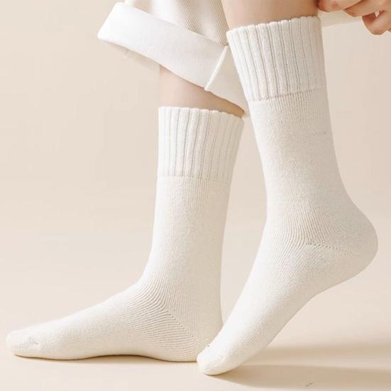 1 пара женских зимних носков однотонные с рубчатыми манжетами, утолщенная плюшевая подкладка, носки для сна, осень-зима, для повседневной носки