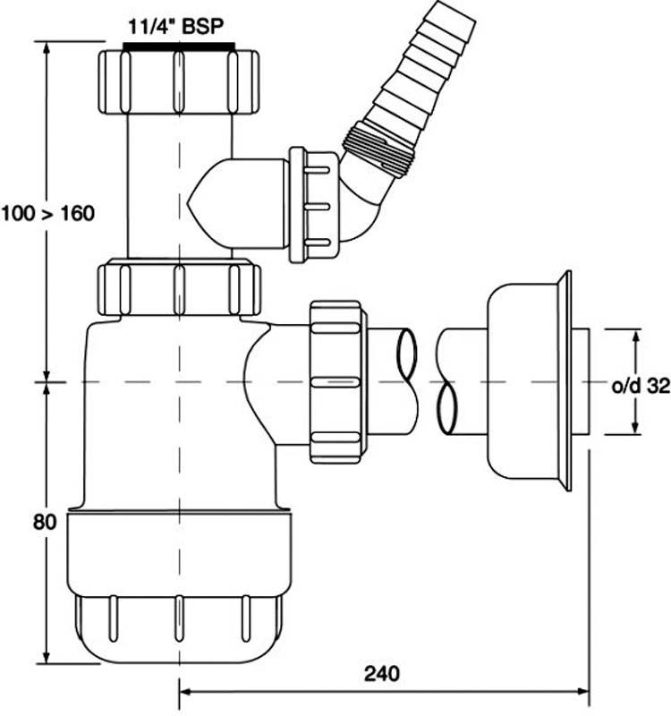 Mcalpine HC1L bottle sink siphon, low white