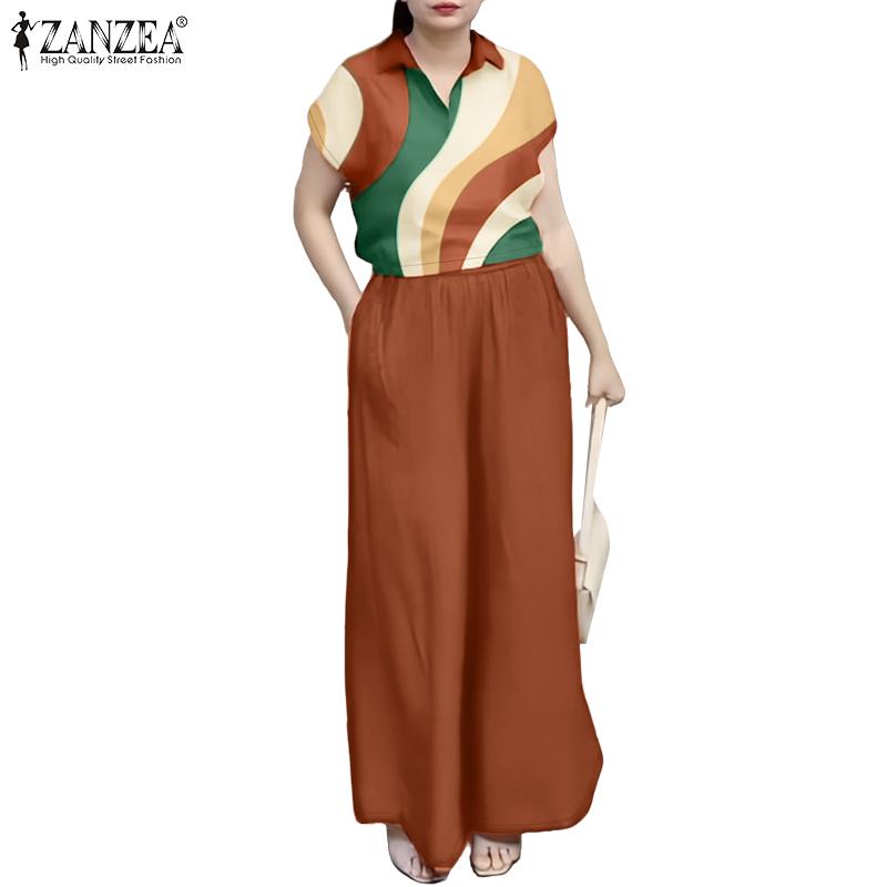ZANZEA Women Print Blouse and Pants Summer Two Piece Suit Sets