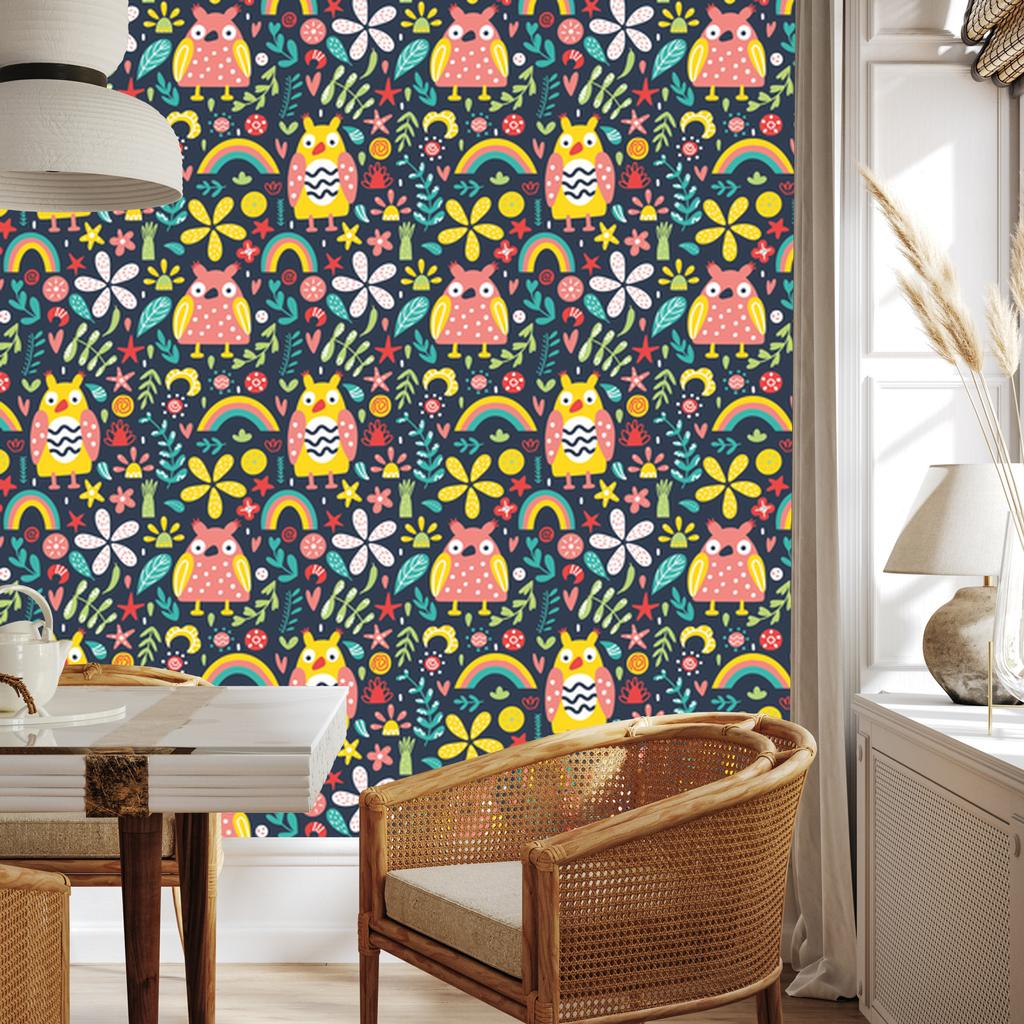 Colorful Owls and Flowers Wallpaper for Living Room and Bedroom 50x1000