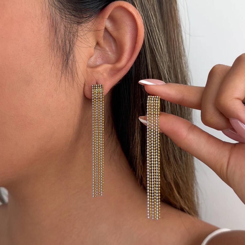 Salircon Vintage 18K Gold Plated Stainless Steel Tassel Long Drop Earring for Women Trendy Piercing Ear Waterproof Charm Jewelry