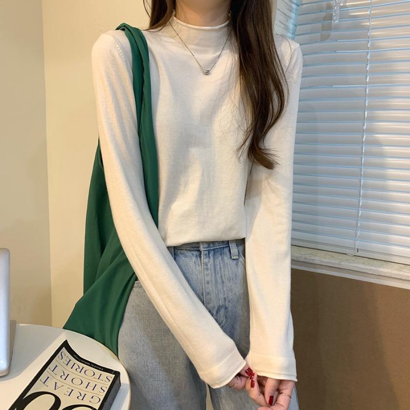 Semi-turtleneck Bottoming Shirt Women's Black Slim-fitting Sweater Inside White Thin Knitted Sweater Autumn and Winter Top