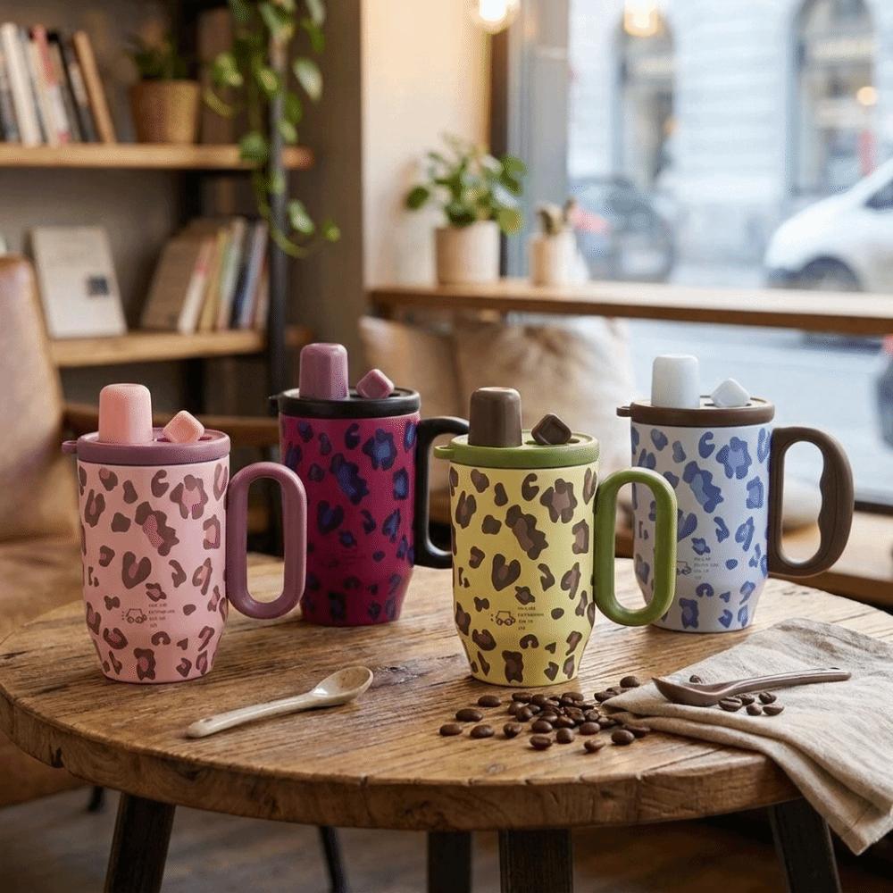 Portable Thermos Water Bottle 750 ML Drinking Straw Cup Leopard Pattern Insulated Cup Women