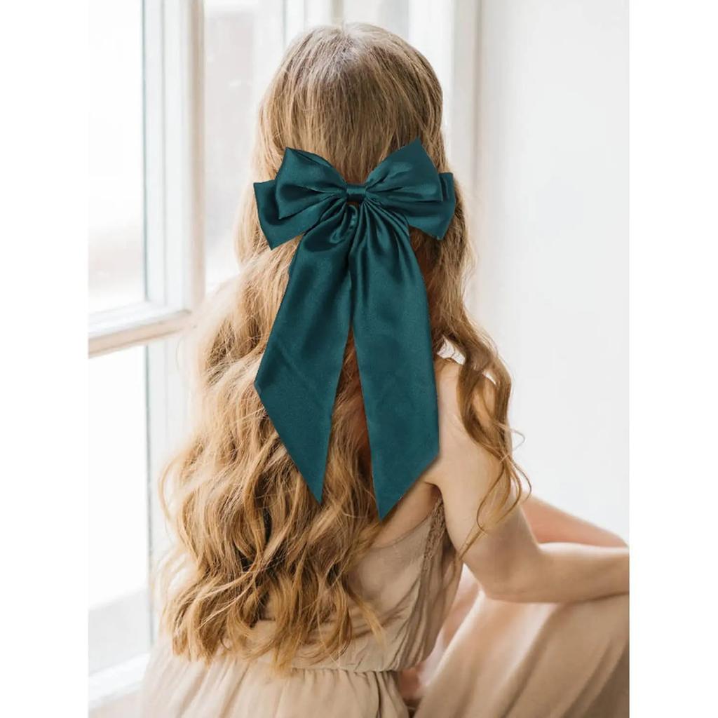 Women Solid Color Long Big Bow Long Float Satin Spring Clip Back Head Hair Clip Internet Red with The Same Temperament Elegant