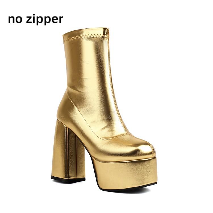 Short Stretch Boots for Women Super Thick High Heel Gold Shoes Silver Chunky Platform Winter Sexy Women Boots