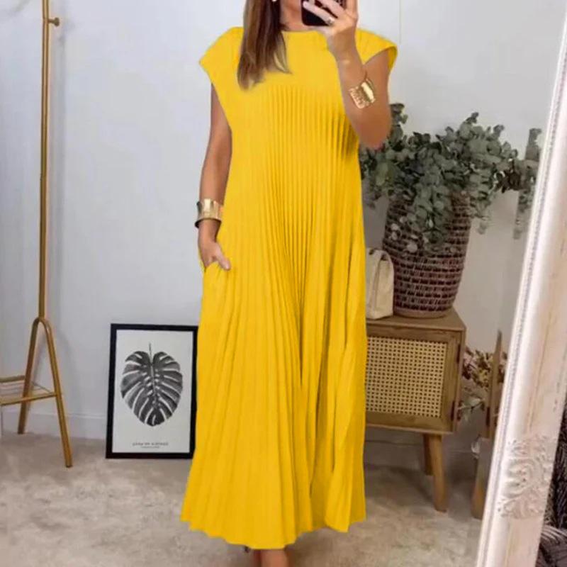 2024 Autumn/Winter European & American Fashion Sleeveless Pleated Maxi Dress