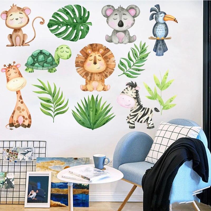 Baby Cartoon Safari Animal Wall Stickers, Giraffe Monkey Lion CHILDREN'S Room Kindergarten Decorative Decals, Cot Decoration