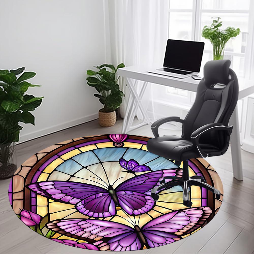 1pc Butterfly StainedGlass Office Round Area Rug, Mat Suitable ForOffice, Under Office Chairs Bedroom Living Room Home Decor, Room Deco
