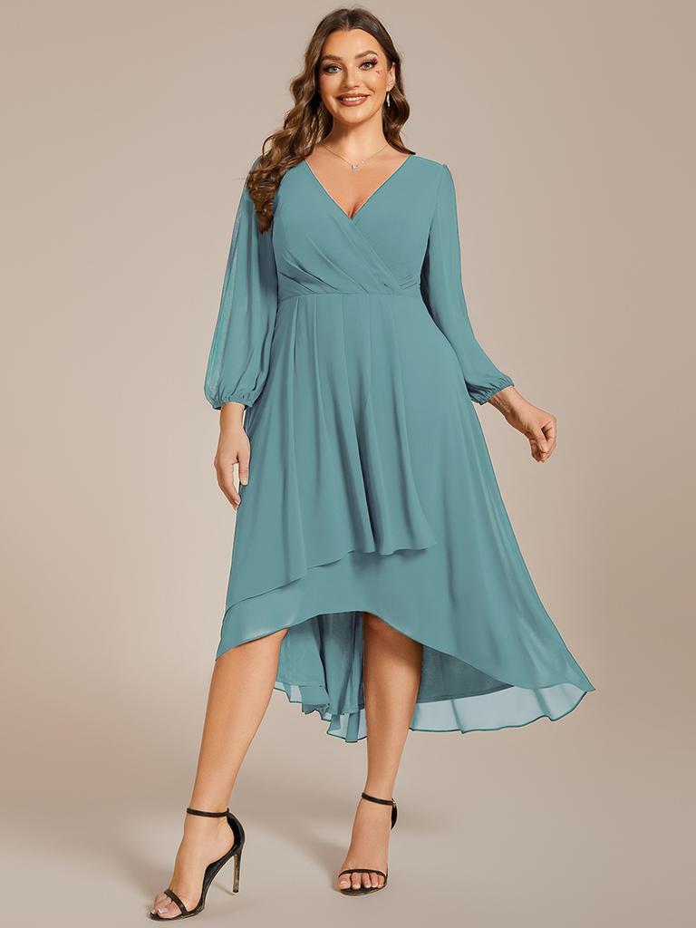 Всегда красивые женские плиссированные шифоновые платья до колена с длинными рукавами и v-образным вырезом, высокие и низкие платья для свадебных гостей больших размеров