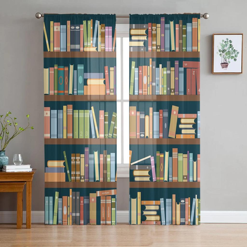 Cartoon Bookshelf Sleeping Cat Tulle Sheer Curtains for Living Room Decoration Window Curtain for Bedroom Voile Organza Drapes