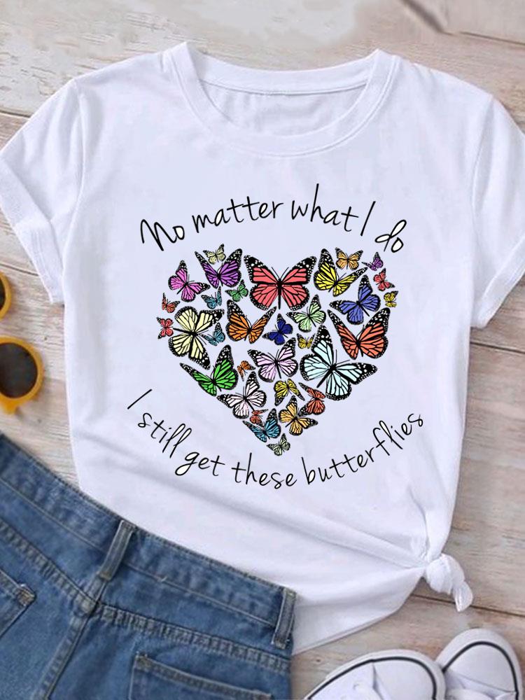 (Asian Size) Love Heart Flower Cute Casual O-neck Tee Clothing Top Short Sleeve T Shirt Fashion Print Lady Female Women Graphic T-shirts