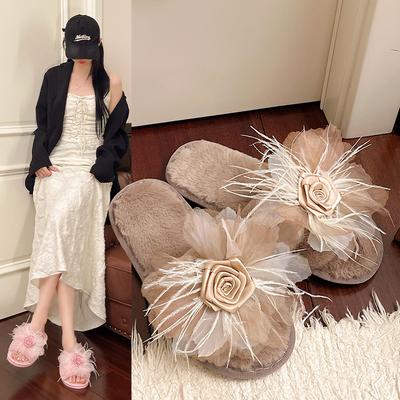 Модные плюшевые туфли в стиле феи, женские, 2025, осень-зима, модные, с цветами, теплые тапочки, удобные шлепанцы из короткого плюша, розовые, красные, хаки