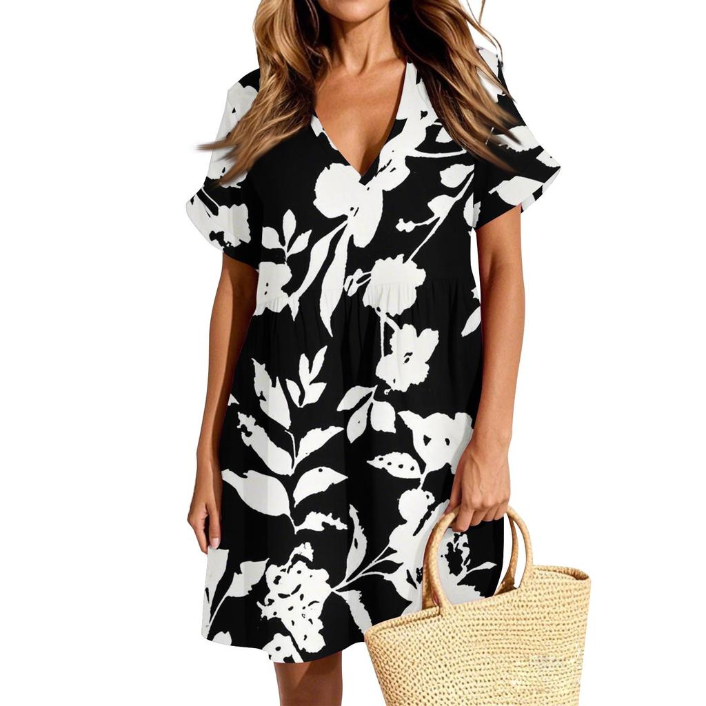 Женское повседневное модное платье с винтажным цветочным принтом и коротким рукавом и V-образным вырезом