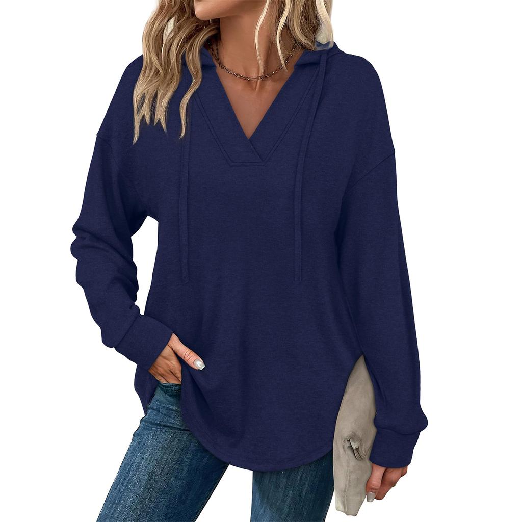 Women's Fashion Solid-Color Long-Sleeve Hooded V-Neck Casual Sweatshirt Top