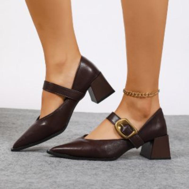 Осень зарубежные толстый каблук пряжка-одно слово Мэри Джейн маленькие кожаные туфли женские европейский и американский стиль острый V-образный вырез каблук одинарные туфли