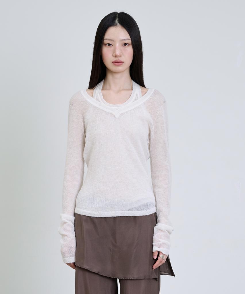 Deoaeteus Mohair Wool Sheer Layered Knit Set_Ivory