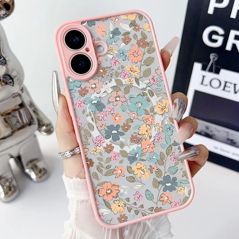 Магнитный чехол с узором из оранжевого цветка для iPhone 16 Pro 15 14 Plus 13 12 Pro Max 11, ударопрочный, прозрачный, с мягкими краями, акриловый, жесткий, защитный чехол для линз