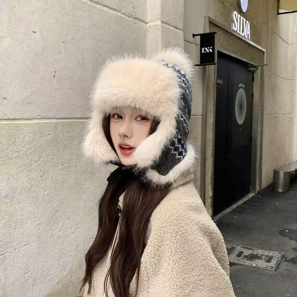 Women's winter velvet thickened warm Lei Feng hat ethnic style knitted jacquard ear protector Northeast cold-proof versatile baotou hat