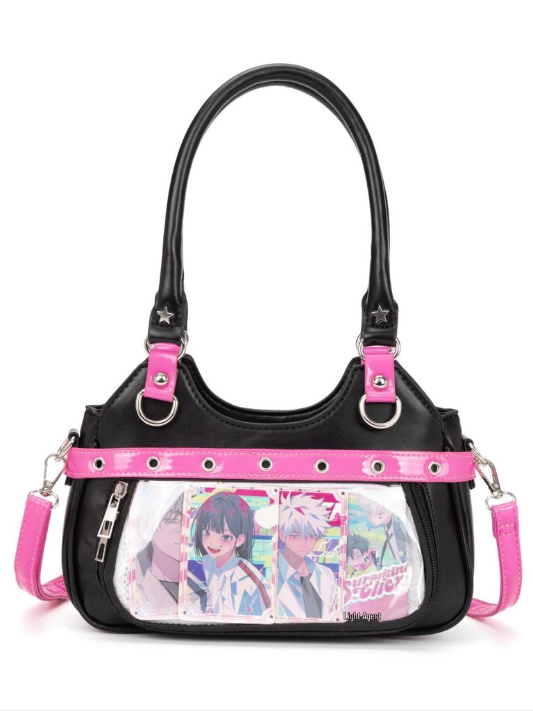 Japanese PU Leather Y2K Spicy Girl Ita Bag - Large Capacity Transparent Badge Crossbody for Students
