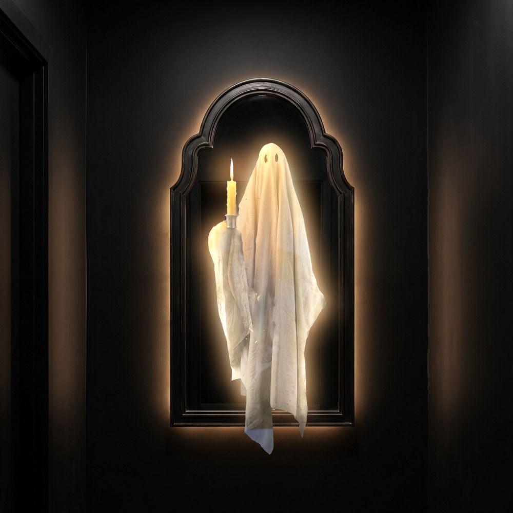 Battery Operated LED Mirror Decor Light Up Halloween Wall Decor Spooky Glowing Ghost Decor Bedroom