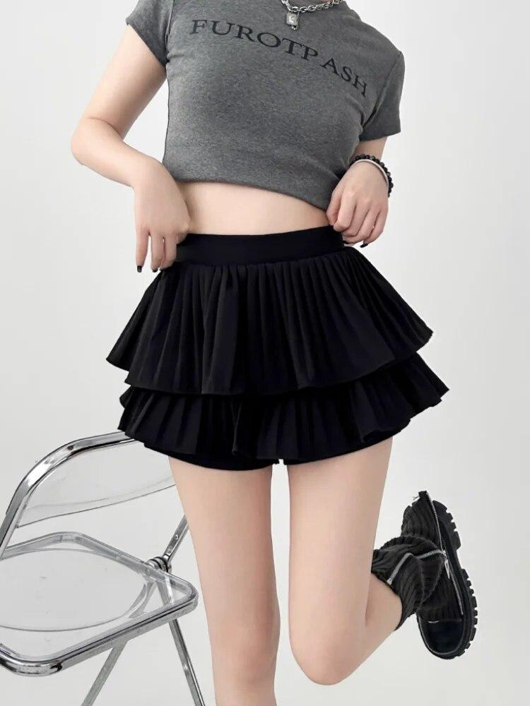 Kawaii Mini Skirt Women High Waist Ruffled Pleated Tulle Cake Slim Skirt Shorts Female Korean White Lolita Skirt Large Size