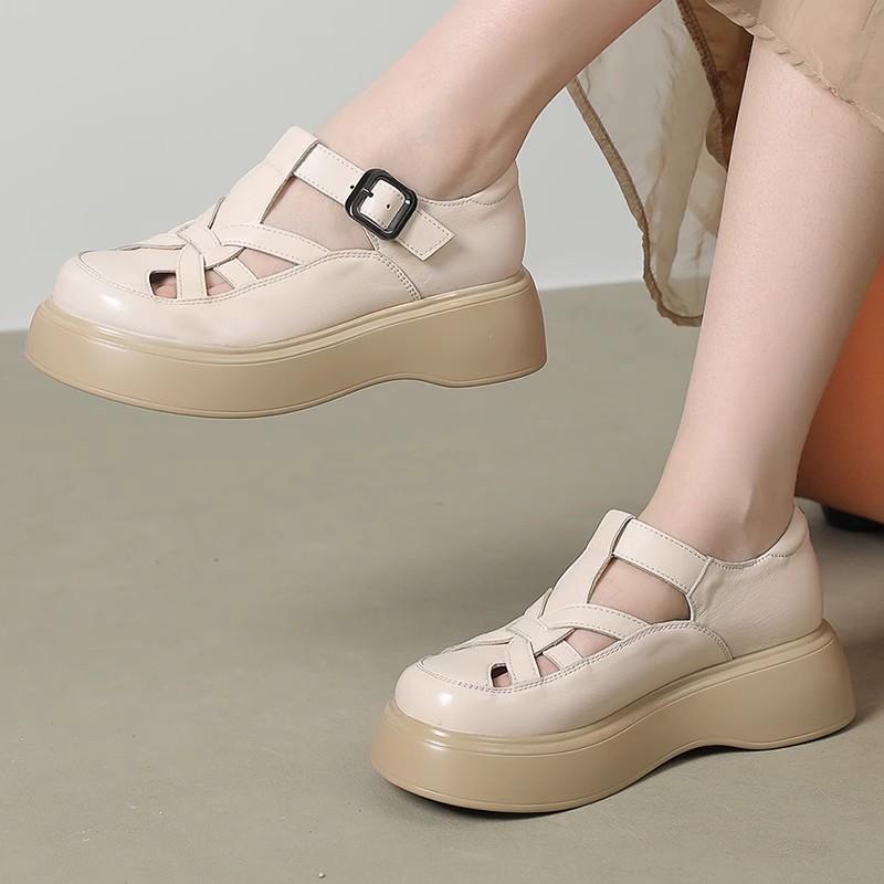 Модные сандалии GKTINOO из натуральной коровьей кожи, мягкая подошва, плоская платформа, женская обувь 2025, осень, круглый носок, римские повседневные лоферы, большой размер