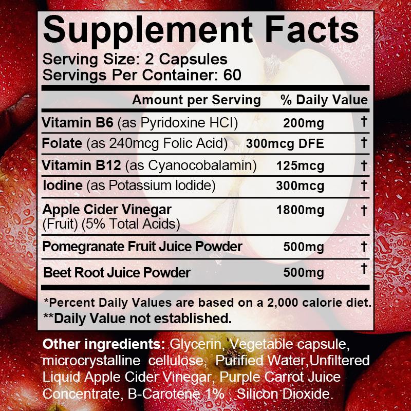 ACV Apple Cider Vinegar 3000mg, 120 Capsules with Vitamin B6,B12, Folate,Iodine,Pomegranate & Beet Root