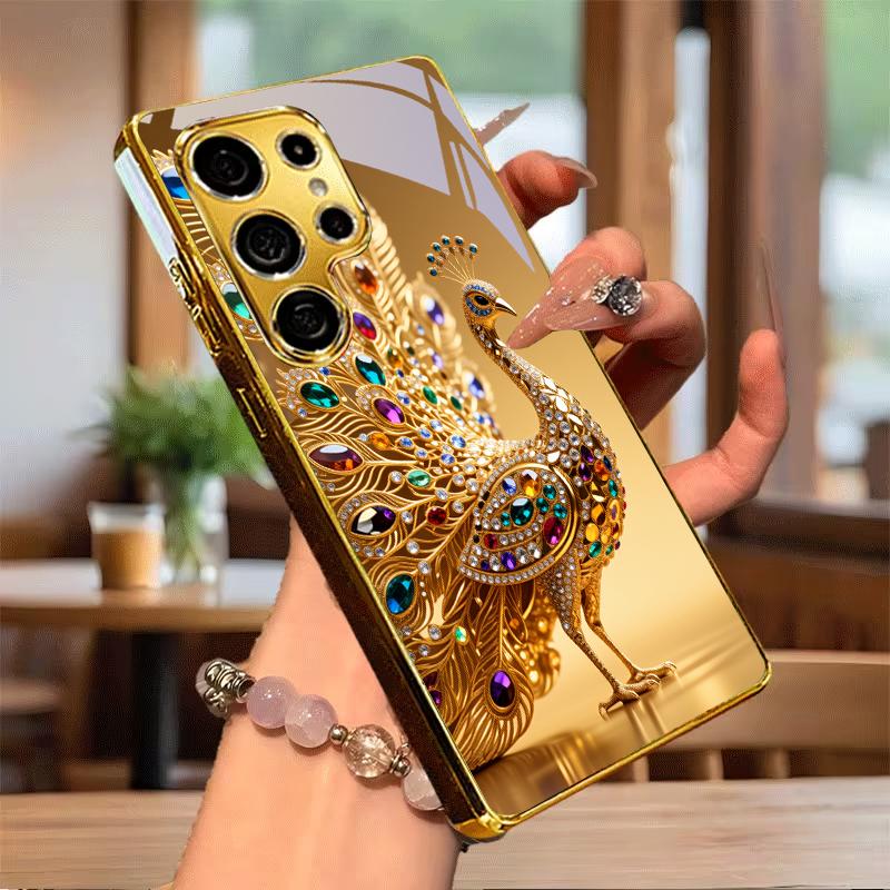 Позолоченный чехол для телефона Samsung Galaxy S25 S24 S26 S23 S22 S21 S20 Ultra Plus FE S26+ 5G со стеклянной крышкой и инкрустацией павлина
