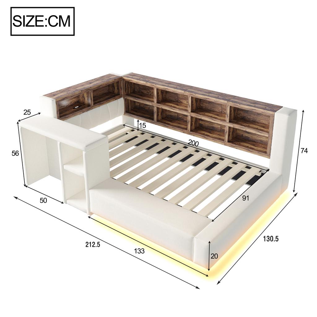 Upholstered Bed 90 x 200 cm, With Multi-Level Storage, LED Lighting, Integrated Sockets in the Headboard, Side Table, Upholstered Backrest, Beige